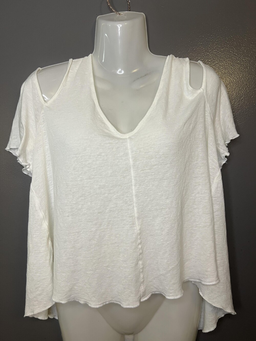 Free People Shirt Womens Small White V Neck Cold Shoulder Ruffle Sleeve Boho